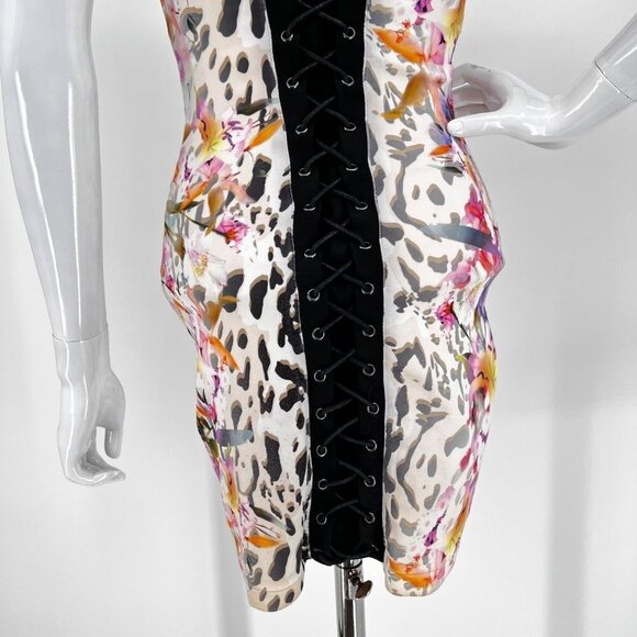Bebe Lace Up Bondage Corset Dress Floral Lacing Front and Back, Bodycon Size XXS - Picture 3 of 8